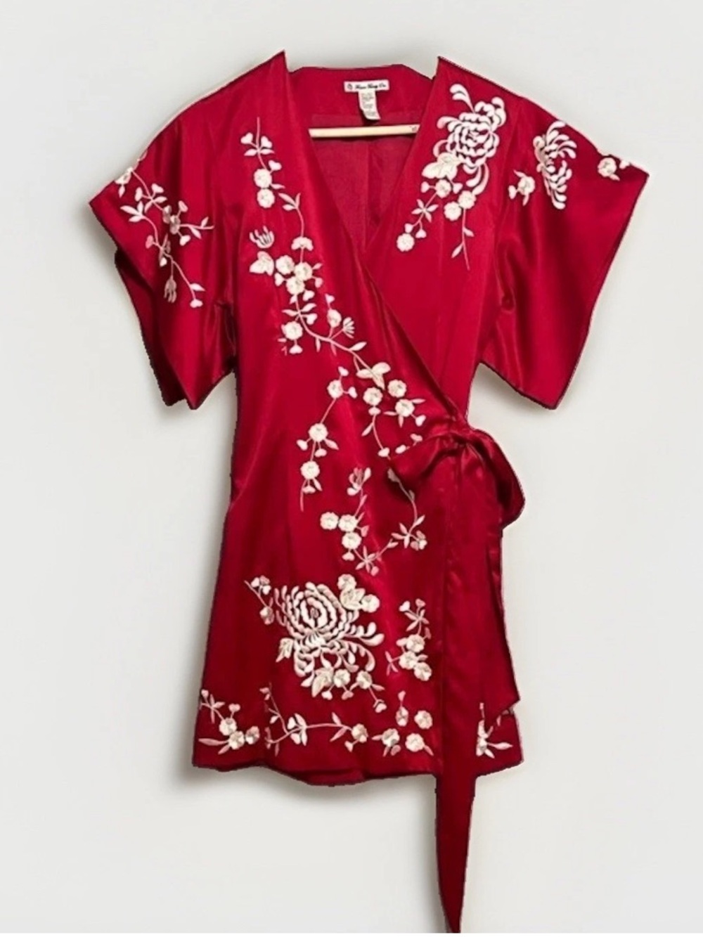 Forever 21 Tunic Top Dress Kimono Women’s S 4 6 Red Satin Embroidered Floral VTG